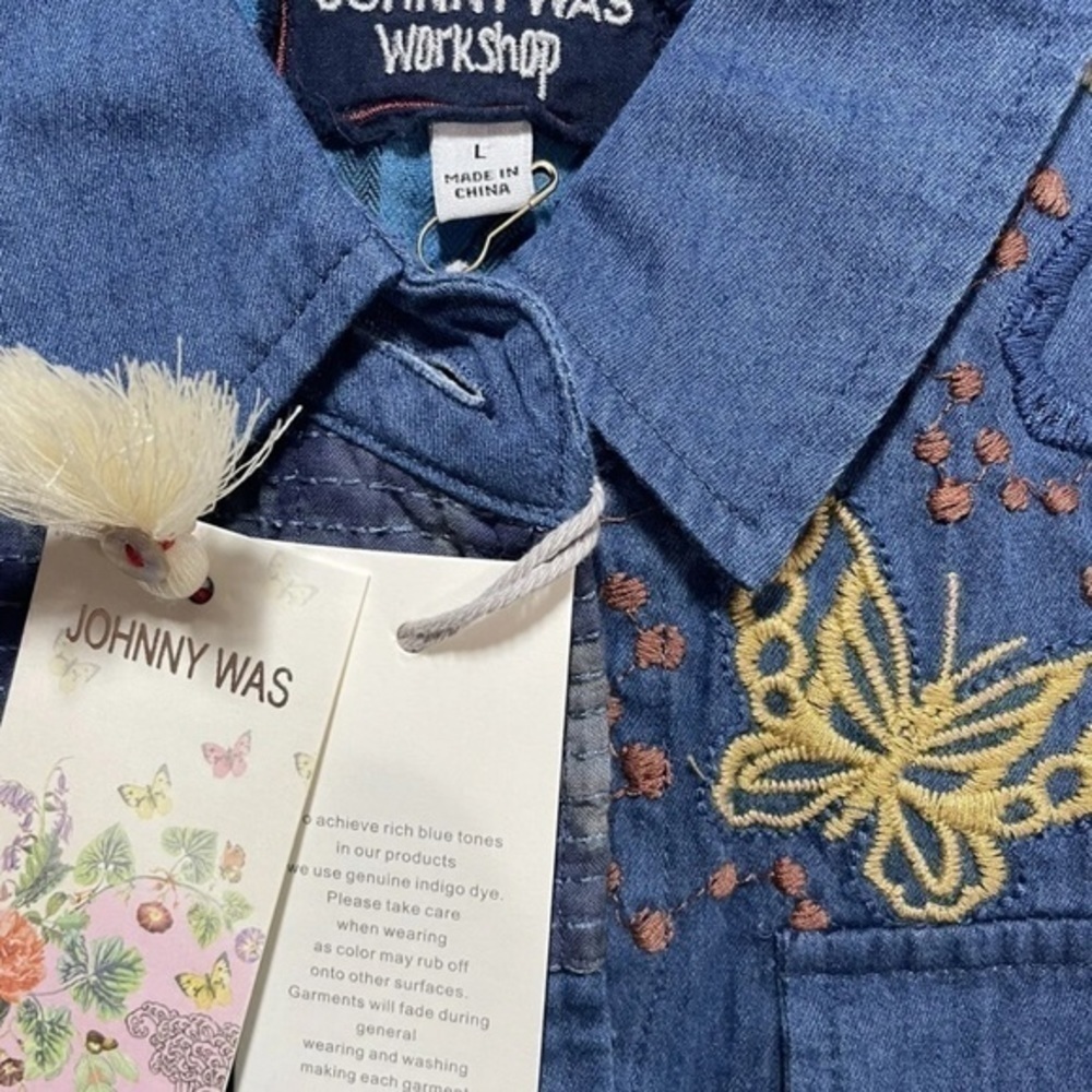 Johnny Was Moonlight Tie Dye Patchwork Military Jacket L Denim Embroidered - Picture 8 of 12